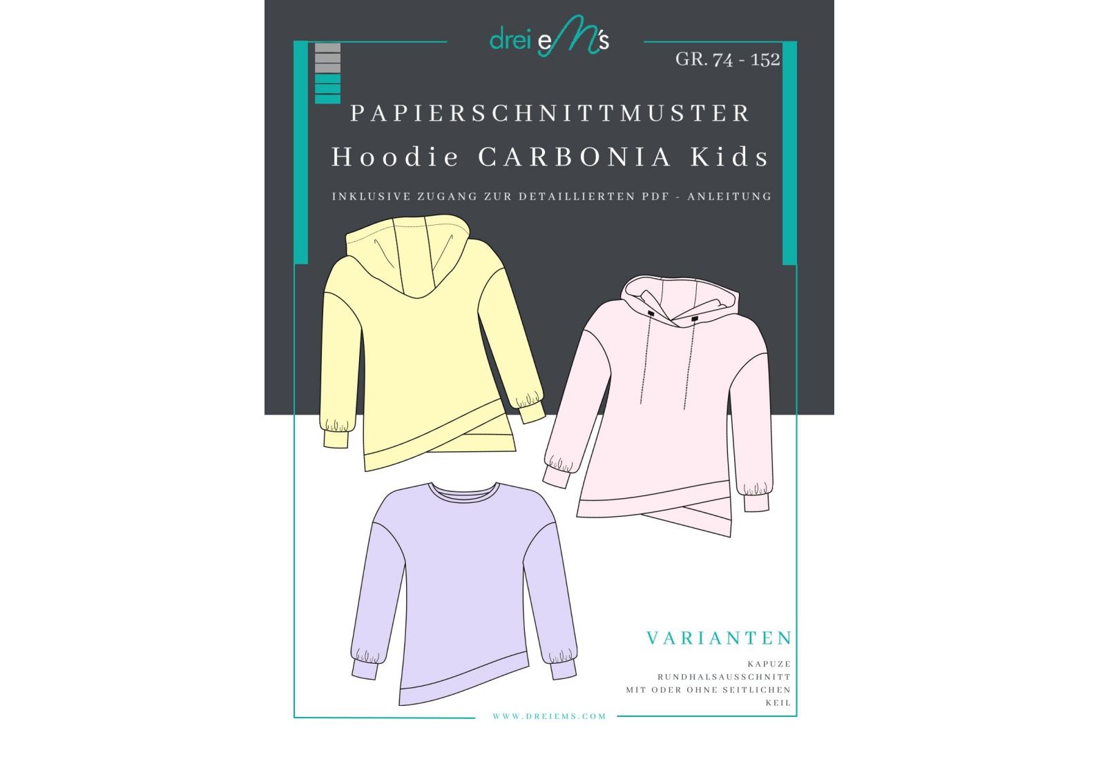 Hoodie Schnittmuster Kinder „Carbonia Kids“ – Papierschnittmuster Gr. 74–152